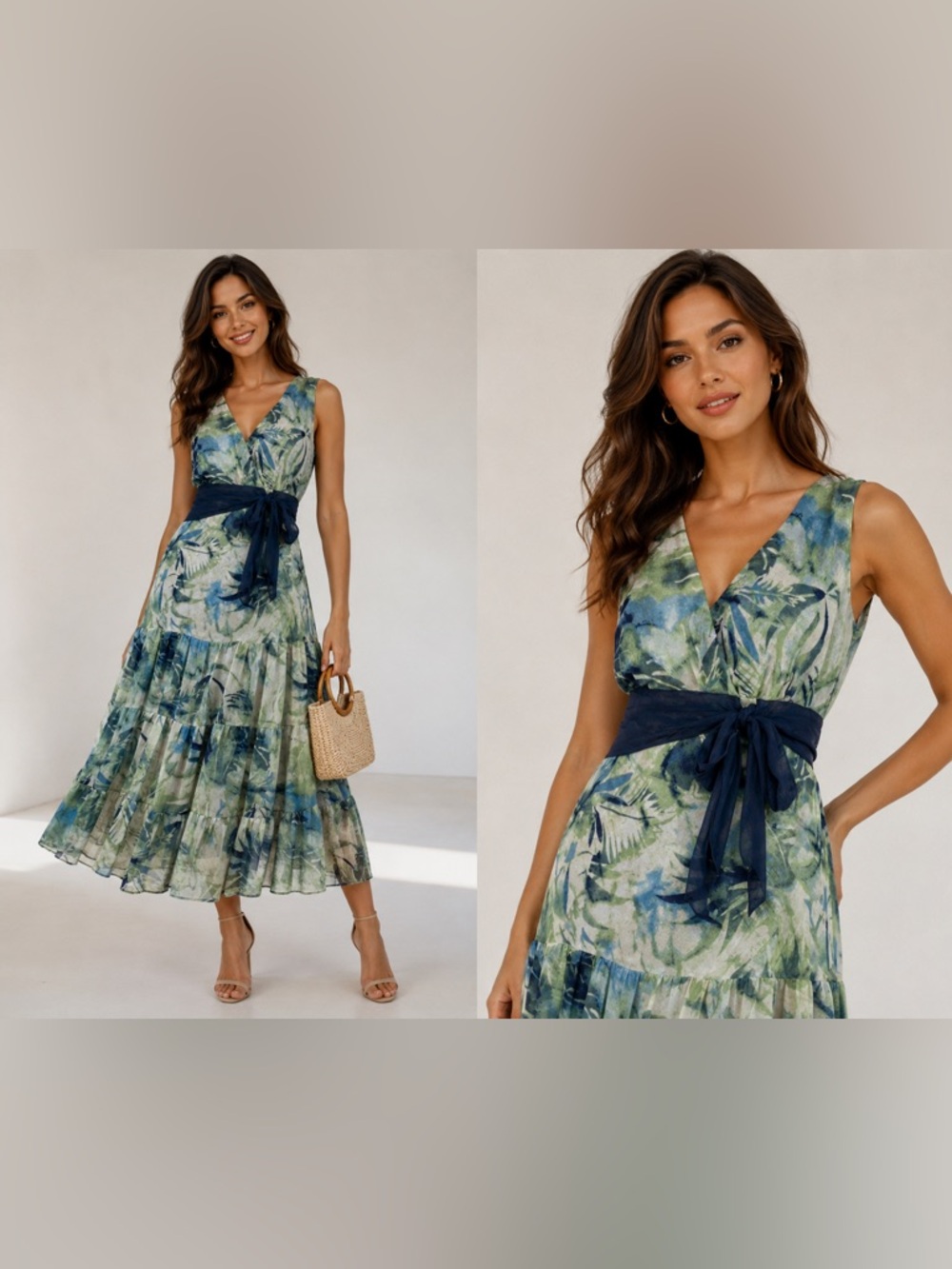 jonathan martin Green and Navy Floral V-Neck Tiered Midi Dress 100% silk